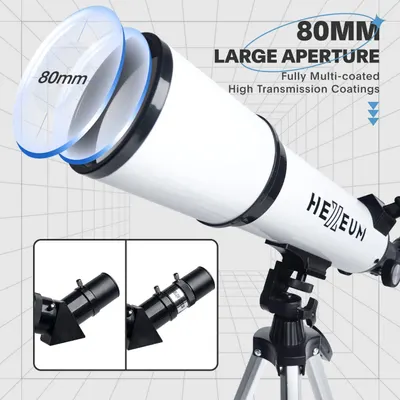 Highlights the telescope's key optical specifications—the 80mm aperture size and high-transmission coatings—to communicate superior light-gathering capability and image clarity for astronomy…