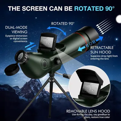 This image breaks down the key physical components and features of the telescope/spotting scope, using arrows and callouts to highlight the rotatable screen, retractable sun hood, removable lens…