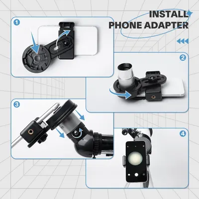This image provides step-by-step instructions for installing a phone adapter to a telescope or optical device, showing shoppers how to set up and use the product correctly.
