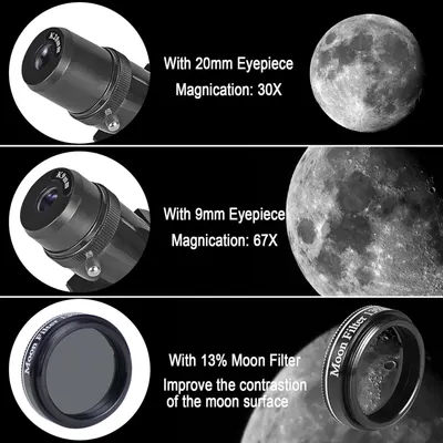 Demonstrates the product's versatility by showing three distinct configurations with different eyepieces and magnification levels, plus a moon filter accessory to improve viewing quality.