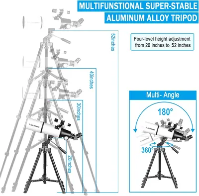 Communicates multiple key features of the tripod in a segmented layout, highlighting its adjustable height range, multi-angle capabilities, and premium aluminum alloy material to demonstrate…