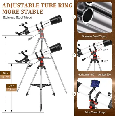 This image breaks down the telescope's key physical components and adjustment features, highlighting the stainless steel construction, adjustable tube ring for stability, rotation capabilities, and…