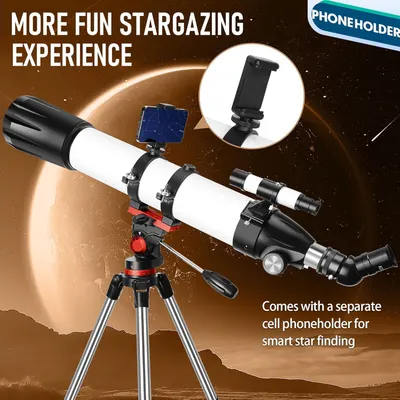 Shows that the telescope comes with a separate cell phone holder accessory for smart star finding, helping shoppers understand what's included in the package. Highlights the enhanced stargazing…