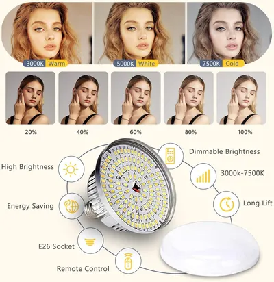 This image communicates the product's versatility and comprehensive feature set, showcasing multiple benefits including adjustable brightness levels, color temperature options, energy efficiency,…