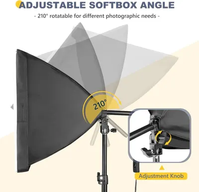 Highlights the physical adjustability mechanism of the softbox, showing the 210-degree rotation capability and the adjustment knob to reassure photographers of its flexibility for different shooting…