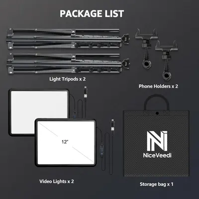 Shows all items included in the package to help shoppers understand the complete value and contents of the lighting kit they will receive.