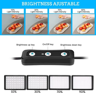 Demonstrates the product's adjustable brightness feature with multiple intensity settings (10%, 30%, 70%, 90%) and shows the control interface with labeled buttons, reassuring shoppers of…