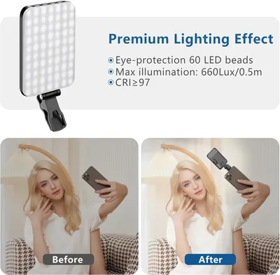 Demonstrates the transformation in lighting quality and video appearance when using the LED light panel, showing improved brightness and clarity in the 'After' image to prove the product's…