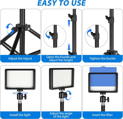 This image provides a clear step-by-step visual guide showing shoppers how to set up and use the lighting equipment, from tripod adjustment to filter installation, reassuring them that the product…