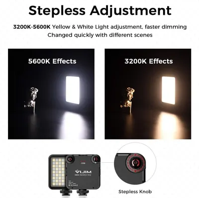 Demonstrates the product's ability to adjust color temperature smoothly from 3200K to 5600K (warm to cool light) for different shooting scenarios, emphasizing ease and speed of adjustment.