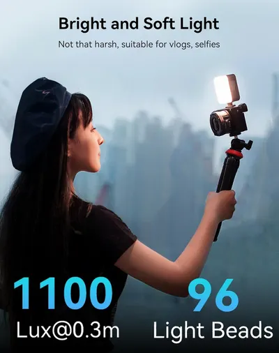 Communicates the product's lighting performance through quantifiable metrics (brightness and LED count) to reassure shoppers of its professional-grade capability for content creation. Highlights the…