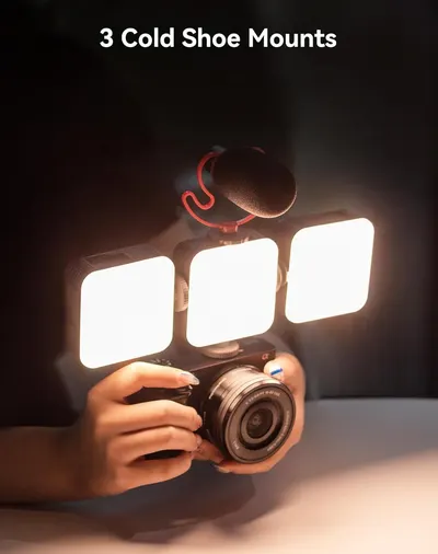 Shows what accessories are included with the camera lighting product, specifically highlighting that the customer receives 3 cold shoe mounts for attaching multiple lights or accessories to their…