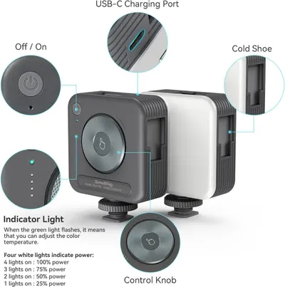 This image breaks down the physical components and controls of the video light, helping shoppers understand where each feature is located and how to operate the device.
