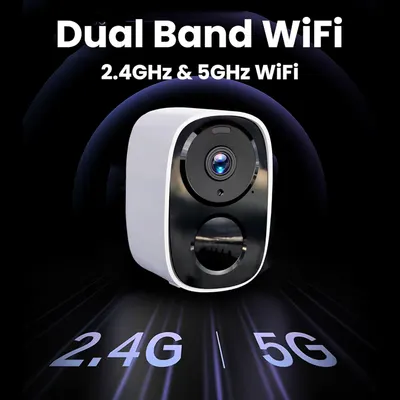 Communicates that the security camera supports both 2.4GHz and 5GHz WiFi bands, reassuring shoppers of flexible and reliable wireless connectivity options.