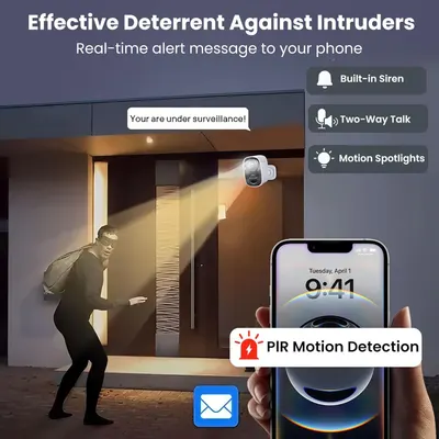 Demonstrates the security camera's multiple deterrent and alert features to reassure shoppers that the product provides comprehensive home security protection against intruders.