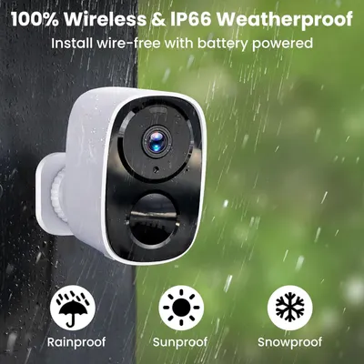 Communicates that the security camera is completely wireless, weatherproof (IP66 rated), and can withstand rain, sun, and snow conditions for outdoor use.