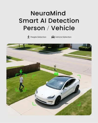 Demonstrates the product's AI-powered detection capability to identify and track both people and vehicles, reassuring shoppers of its smart security and monitoring features.