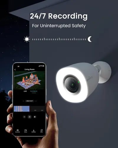 Communicates that the security camera provides round-the-clock recording capability for uninterrupted safety monitoring, reassuring shoppers of constant protection.