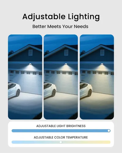 Demonstrates the product's adjustable lighting capabilities, showing how the outdoor light can be customized for different brightness levels and color temperatures to meet various user needs.