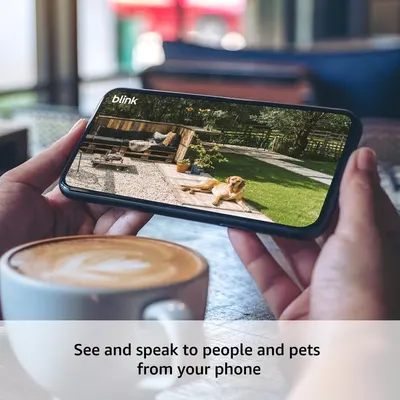 Communicates the product's ability to provide live video feed and two-way communication with people and pets at home, emphasizing remote connectivity and peace of mind.