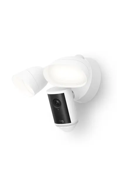 Displays the Ring security camera with integrated floodlights on a clean white background to show the complete product design and form factor.