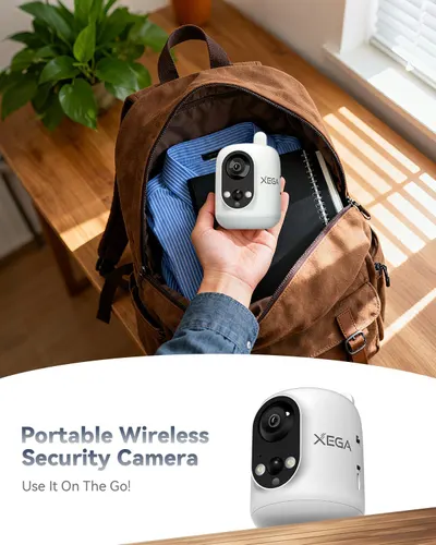 Demonstrates that the security camera is compact and portable enough to carry in a backpack for travel or on-the-go monitoring, emphasizing convenience and mobility.