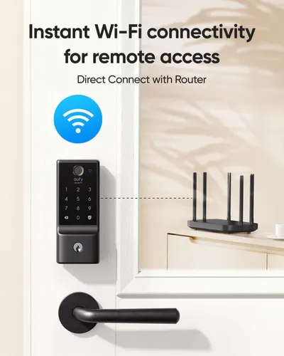 Communicates that the smart lock offers instant Wi-Fi connectivity for remote access by connecting directly to a router, providing convenience and control from anywhere.