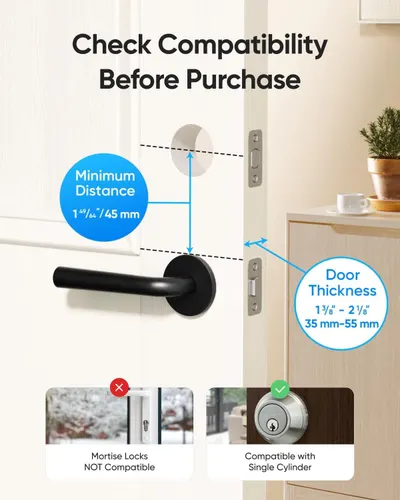 Communicates critical installation dimensions to ensure shoppers verify compatibility before purchase, showing minimum distance requirements and compatible door thickness ranges. Shows which lock…