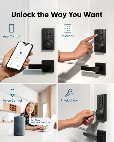 Demonstrates the versatility of the smart lock by showing four different ways users can unlock their door, emphasizing convenience and flexibility for different preferences and situations.