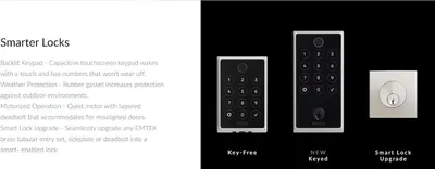 Communicates multiple distinct benefits of the smart lock system including touchscreen technology, outdoor durability, quiet motor operation, and upgrade compatibility to reassure shoppers of…