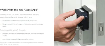 Demonstrates how to install or set up the smart lock device on a door, reassuring shoppers that the product is easy to install and use. Highlights the product's compatibility with the Yale Access…