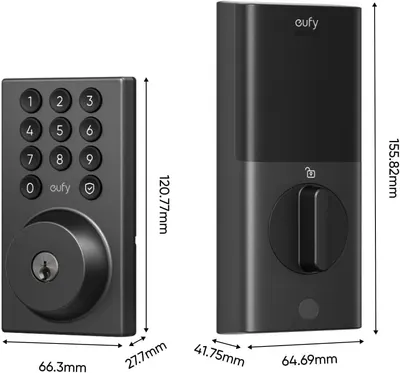 Communicates the exact physical dimensions of the smart lock components to help shoppers understand the size and ensure it will fit their door.