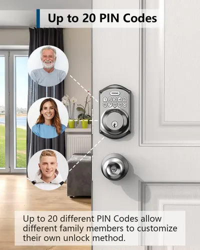 Communicates that the smart lock can store up to 20 different PIN codes, allowing each family member to have their own personalized access code for convenience and security.