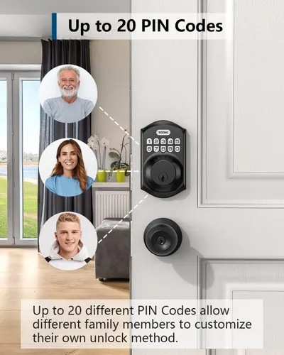 Communicates that the smart lock can store up to 20 different PIN codes, allowing each family member to have their own personalized unlock method for convenience and security.