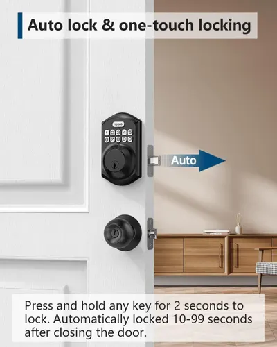Explains how the auto-lock and one-touch locking features work, reassuring shoppers that the door lock is convenient and secure with minimal effort. Highlights the convenience of automatic locking…