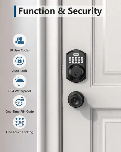 Communicates the smart lock's multiple security and convenience features to reassure shoppers about its functionality, safety, and ease of use.