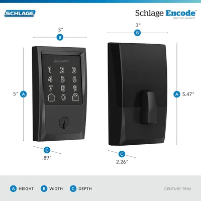 Provides exact measurements of the smart deadbolt from multiple angles to help shoppers understand the physical size and ensure it fits their door installation requirements.