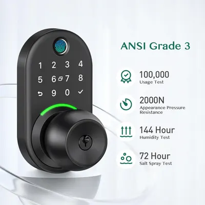 Communicates the product's high-quality certification and durability through multiple test metrics, reassuring shoppers of the lock's reliability and long-lasting performance in various conditions.