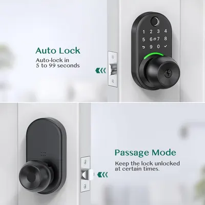 Demonstrates two distinct security features of the smart lock: automatic locking for security and passage mode for convenience, reassuring shoppers of the product's versatility and smart…