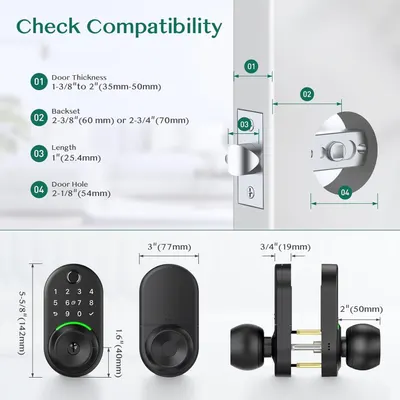 This image shows shoppers which door types and dimensions the smart lock is compatible with, helping them determine if the product will fit their specific door before purchase.