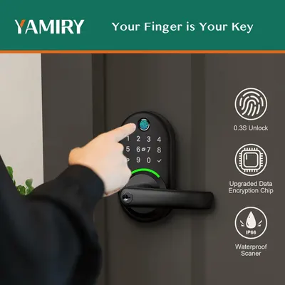 Highlights three distinct security and convenience features of the smart lock: fast fingerprint unlock speed, enhanced data security, and waterproof durability to reassure shoppers of the product's…