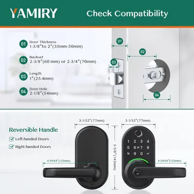 This image communicates the compatibility specifications and installation requirements for the smart door lock, showing shoppers exactly which door types and dimensions the product will fit.
