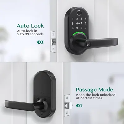 Demonstrates two distinct smart lock features: the auto-lock timer function for security and the passage mode for keeping the lock unlocked at certain times, reassuring shoppers of the product's…