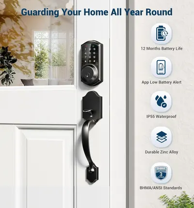 Communicates multiple key benefits of the smart door lock including long battery life, app connectivity, weather resistance, durability, and safety certifications to reassure shoppers of the…