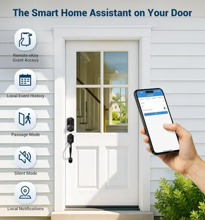 Communicates the smart lock's comprehensive feature set through a segmented layout, showing multiple distinct benefits to reassure shoppers of the product's versatility and smart home capabilities.
