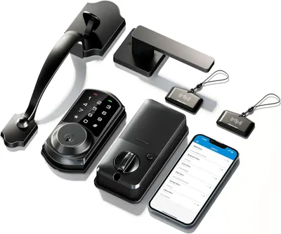 Shows everything included in the package—smart lock, door handles, keypad, RFID tags, and smartphone app—to reassure shoppers they're getting a complete, ready-to-install security system with…