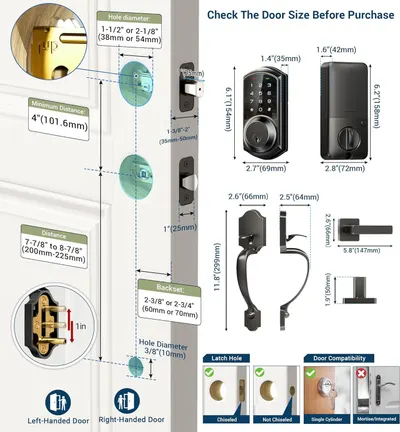 Provides detailed dimensional specifications and installation requirements to help shoppers verify compatibility with their door before purchasing the smart lock.