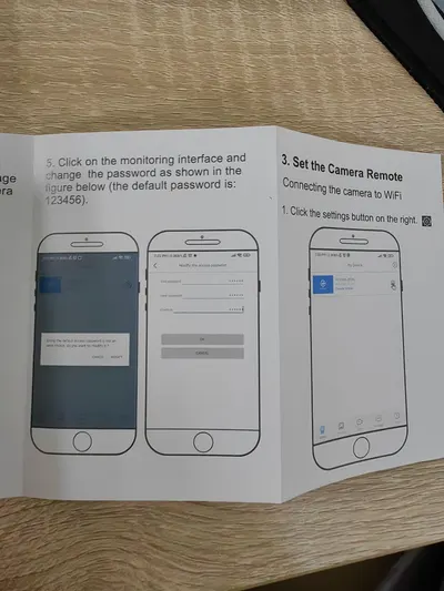 This image provides step-by-step instructions for setting up the camera's remote monitoring interface, including connecting to WiFi and changing the default password, to help users successfully…