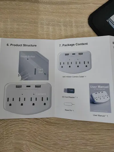 Shows the physical components and structure of the WiFi hidden camera outlet, helping shoppers understand where key features like the reset button, card slot, and camera are located. Displays…
