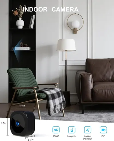 Communicates multiple key features of the indoor camera in a segmented layout with icons, showing shoppers the product's technical capabilities and versatility.